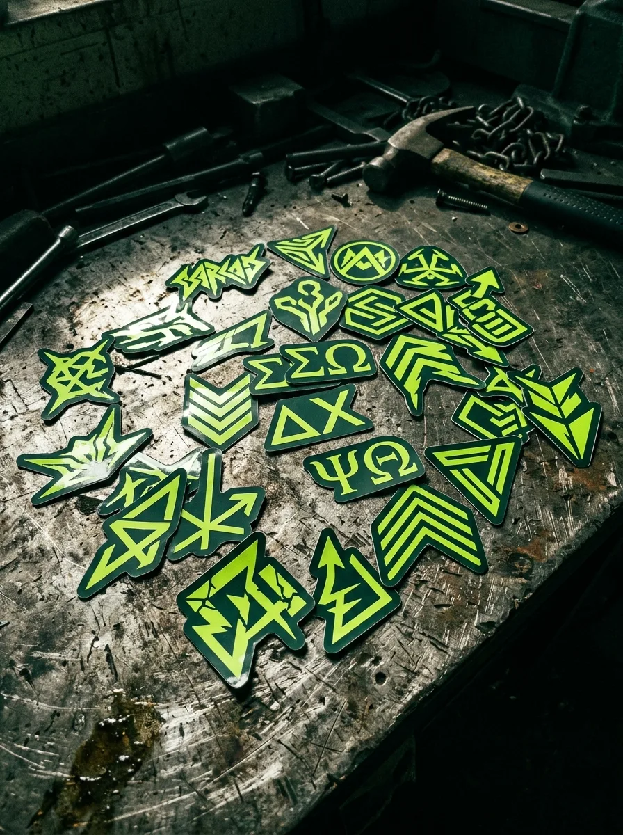 Flex-geschnittene Vinyl-Patches mit aggressiven Slogans in Limettengrün auf dunkelgrünem Grund, verstreut auf einer abgenutzten Metall-Werkbank