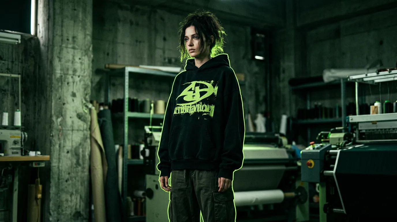 Model im bedruckten Textilrebellen-Hoodie